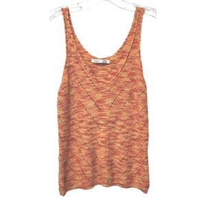 Dex Knit Tank Top Women XS Orange Yellow Chevron Pointelle V-Neck Sleeveless